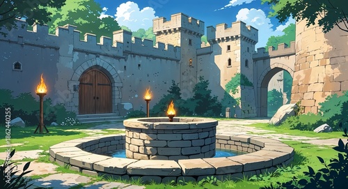 Wallpaper Mural Castle courtyard with stone well and torches anime cartoon illustration background scene Torontodigital.ca
