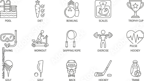 Fitness and sports activity icons collection including swimming pool, diet, bowling, workout, skipping rope, exercise, pulse, golf, hockey, training equipment