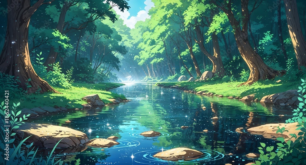 custom made wallpaper toronto digitalFantasy forest river with sparkling water reflections anime cartoon illustration background scene