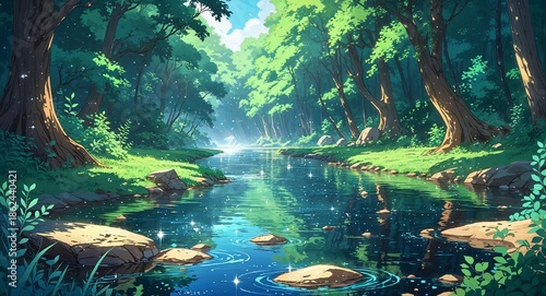 Wallpaper Mural Fantasy forest river with sparkling water reflections anime cartoon illustration background scene Torontodigital.ca