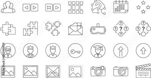 Mixed business solution icons set showing teamwork, puzzle connection, decision making, workflow planning, rating stars, profile identity, image tools, camera elements