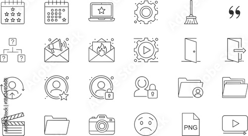 Productivity workflow icons set, task management, user access, file organization, security settings, media tools, communication elements, digital interface essentials