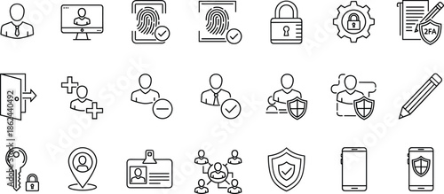 User security and identity protection icons set, biometric authentication, access control, profile management, data privacy, mobile security, secure login system