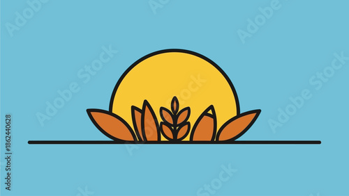 Simple line drawing of a sunrise with leafy plants on the horizon