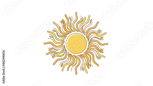 Vibrant sun symbol with dynamic orange and green rays on white