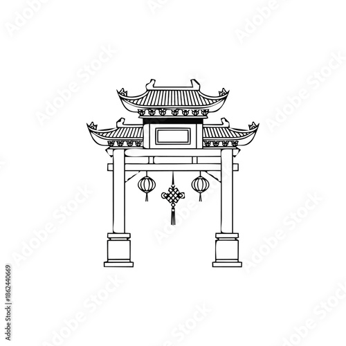 Chinese Temple Gate Icon Illustration in Traditional Asian Style