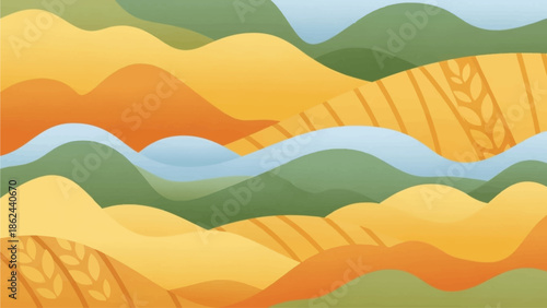 Vibrant abstract landscape with rolling hills and wavy river