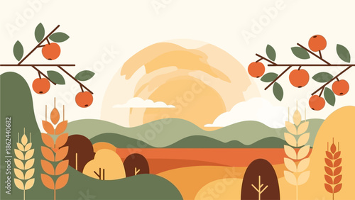 Vibrant autumn landscape with orange fruits and golden wheat fields