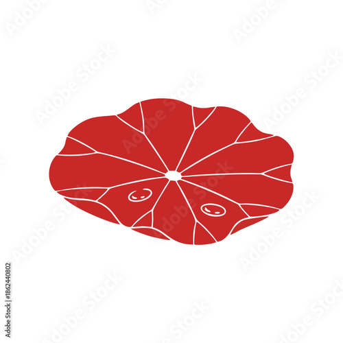 Stylized red lotus leaf illustration with glistening water droplets. This minimalist vector graphic captures aquatic flora's natural elegance and serene tranquility