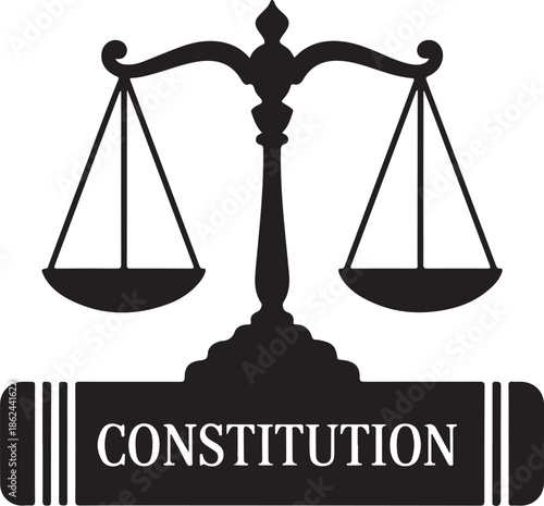 Scales of justice resting on a scroll labeled constitution concept for law