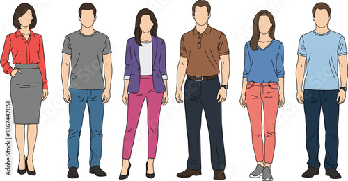 “Diverse men and women standing in casual and formal outfits, modern character illustration set for business, lifestyle, fashion and professional design”