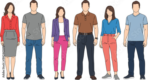 “Diverse men and women standing in modern casual and semi-formal outfits, flat character illustration set for business, lifestyle, fashion and professional design”