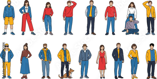 “Diverse men and women standing in modern casual outfits, fashionable character illustration set with different poses for lifestyle and fashion design”