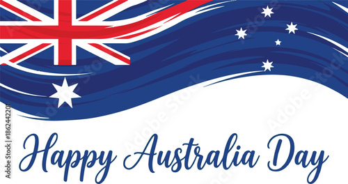 Happy Australia day greeting banner with wavy national flag border on transparent grid background