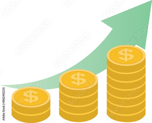Financial growth visual stacks of golden coins with dollar sign symbolizing an increasing financial trajectory