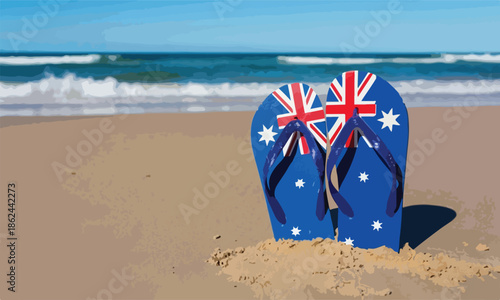 Australian flag flip flops on sandy beach with ocean waves and blue sky for summer holiday concept