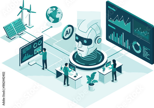 Isometric artificial intelligence control center with robot head monitoring renewable energy solar panels wind turbines and data charts