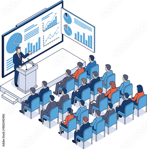 Isometric business presentation with speaker at podium showing data charts on large screen to audience in seminar hall vector.