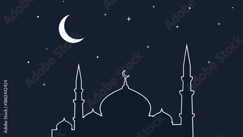 Ramadan kareem background with mosque silhouette at night under crescent moon and stars with Islamic