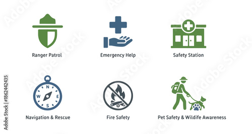 Set of various green and blue icons representing different concepts