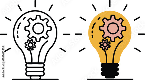Innovation, ideation, and the mechanical process of generating an idea symbol featuring a stylized lightbulb with two interlocking gears inside.