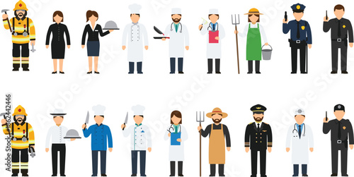 Various professional workers illustration, chefs, doctors, farmers, firefighters, police officers, service staff characters, occupation uniform vector design for career and job concepts
