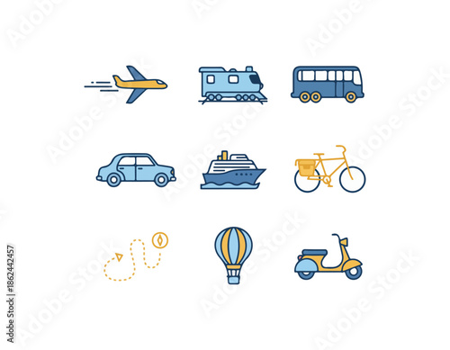 Transportation icons collection airplane train bus car cruise bike scooter