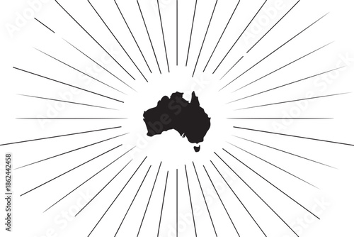 Australia map silhouette radiating lines sunburst background center point abstract map illustration geography