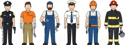 Various professional workers illustration, police, technician, mechanic, pilot, engineer, firefighter characters, occupational uniform vector design for career and job concepts