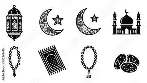 Ramadan kareem symbols and icons, crescent moon, stars, lantern, prayer beads, dates, and mosque silhouette on white