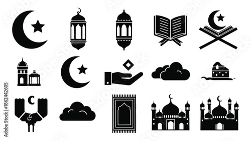 Ramadan kareem icons set including crescent moon, star, lanterns, mosque, prayer mat, clouds, holy book, and hands
