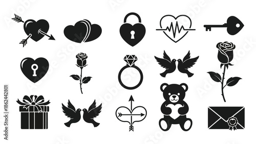 Black valentine's day icons including hearts, roses, teddy bear, gift, and love symbols on white background