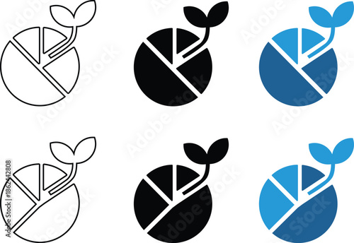 Growing pie chart symbol indicating financial growth and new beginnings in different styles