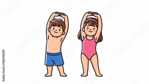 Cartoon boy and girl in swimwear doing a stretching exercise with arms overhead on a white background.
