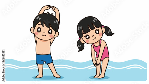 Cartoon illustration of a boy and a girl in swimwear doing warm-up exercises in water, smiling happily.