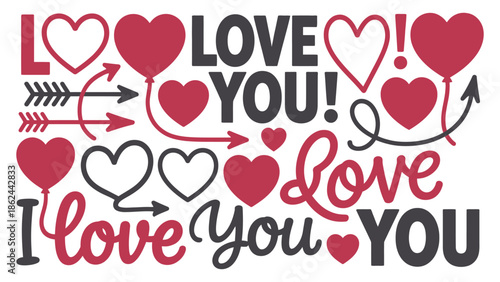 Valentine's day graphic design with hearts, arrows and love text in red and black on white background for romantic