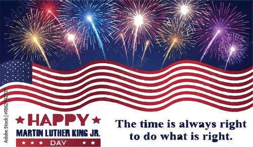 Happy martin luther king jr day banner with fireworks and waving american flag for festive honoring