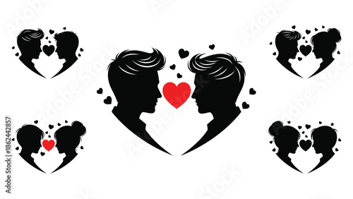 Valentine's day heart shaped silhouettes of couples kissing with red hearts on white background for love and romance