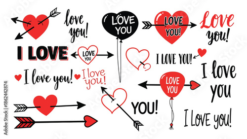 Valentine's day graphics with hearts, arrows, and love messages on white background, romantic symbols and phrases