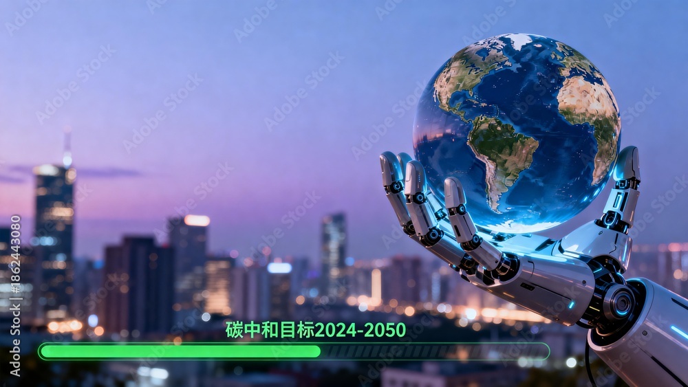 Fototapeta premium Robot hand holding globe with city skyline