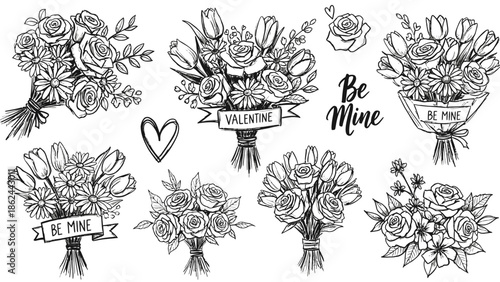 A collection of hand-drawn black and white floral bouquets and single flowers, perfect for Valentine's Day or romantic occasions.