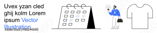 Office management, corporate planning, business innovation, time scheduling, teamwork, idea generation. calendar, person holding light bulb shirt outline. Office management and corporate planning