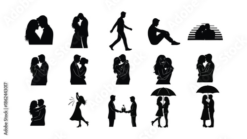 Collection of black silhouette illustrations depicting romantic couples in various loving poses and relationships on white