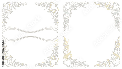 Elegant floral and heart-shaped corner embellishments in gold and silver tones, perfect for invitations and decorative designs.