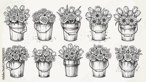 A charming collection of hand-drawn floral arrangements in buckets, showcasing a variety of blooms and artistic detail.