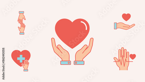A collection of six flat design icons symbolizing care, health, and support, centered around a large red heart held by two hands.