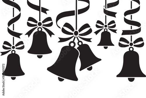 Set of black silhouette christmas bells decorated with bows and ribbons hanging for holiday celebration