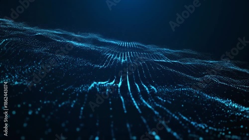 A futuristic digital landscape with flowing blue particles and waves under a dark background viewed from above.