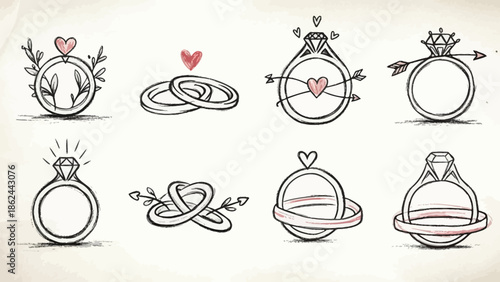 A collection of eight hand-drawn wedding ring illustrations, featuring various romantic embellishments like hearts, arrows, and foliage, presented on a textured background.