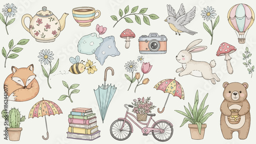A charming collection of whimsical illustrations featuring animals, nature elements, and everyday objects in a soft, pastel color palette.